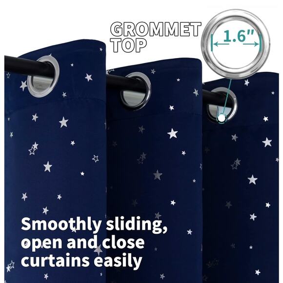 Kids Blackout Curtains Set 52x63 Navy Blue Silver Stars Insulated Darkening New - Picture 6 of 9